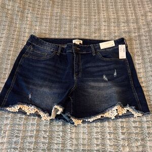 Maurices Dark Blue Denim Shorts with White Lace Hem